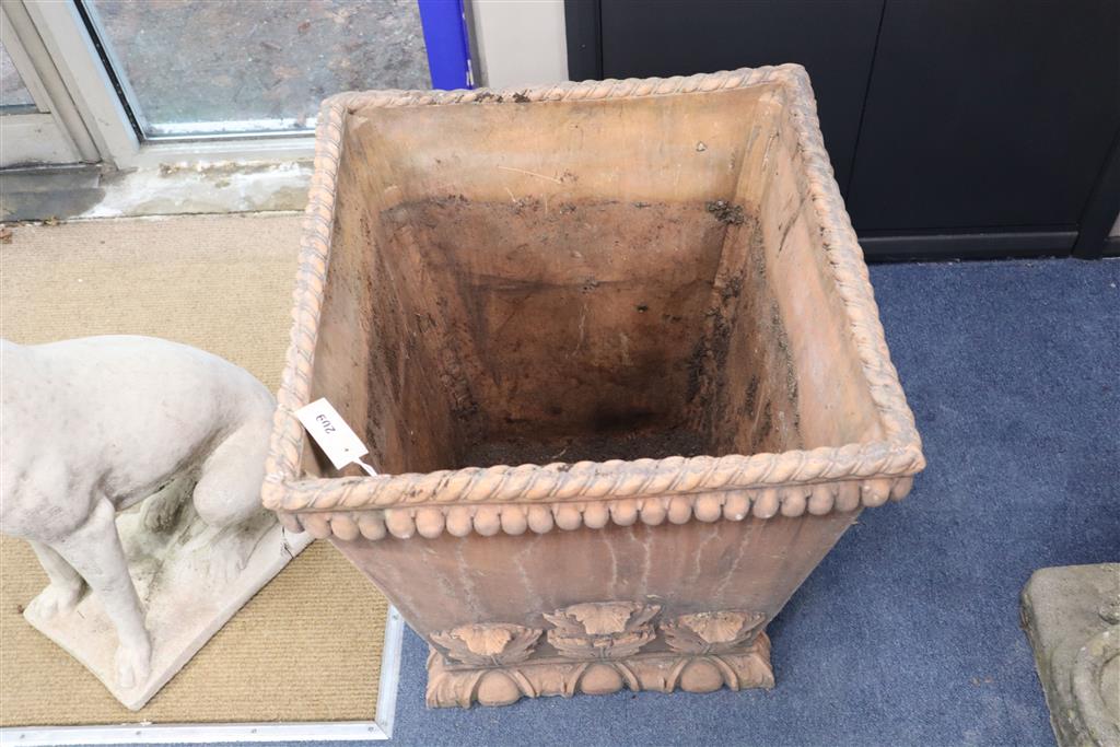 A pair of terracotta square garden urns, width 58cm, height 63cm